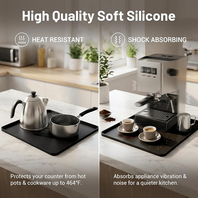 Silicone Coffee Mat for Countertop, 16x16 inch - Heat Resistant Espresso Machine Mat with Raised Edge, Non-Slip Waterproof Station Pad, Compact Coffee Bar & Kitchen Accessories - Black