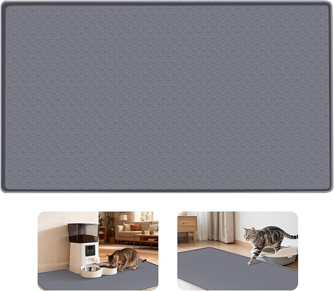 Cat Food Mat, 51" x 25.6" Pet Feeding Mat Extra Large Silicone Cat Litter Mat with Raised Edge Pet Placemat for Food and Water Bowl Non-Slip, Easy to Clean, Floor Protection (Dark Grey)