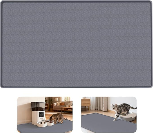 Cat Food Mat, 51" x 25.6" Pet Feeding Mat Extra Large Silicone Cat Litter Mat with Raised Edge Pet Placemat for Food and Water Bowl Non-Slip, Easy to Clean, Floor Protection (Dark Grey)