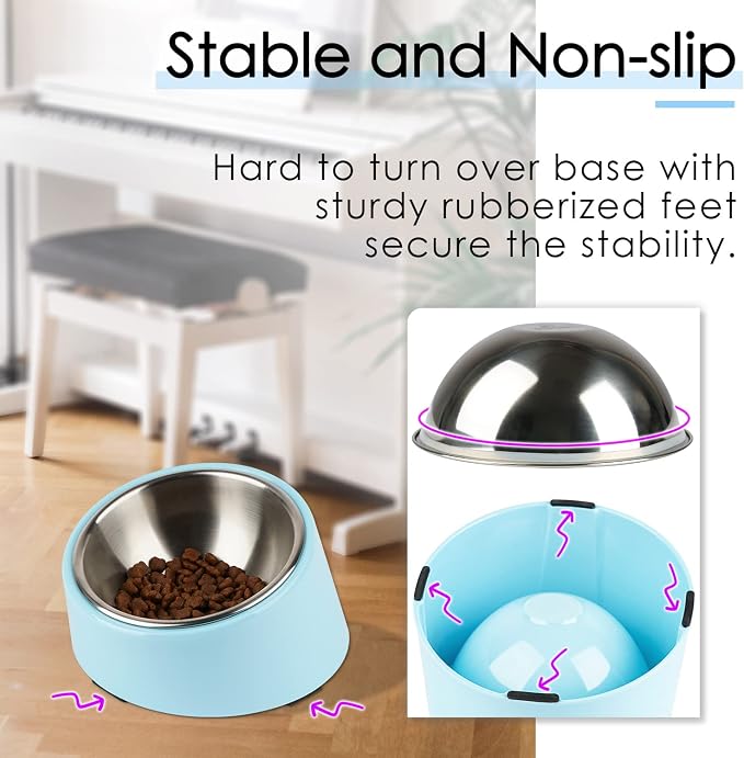 SuperDesign Mess Free 15° Slanted Bowl for Dogs and Cats, Tilted Angle Bulldog Bowl Dog Feeder, Non-Skid & Non-Spill, Easier to Reach Food S/0.5 Cup Blue