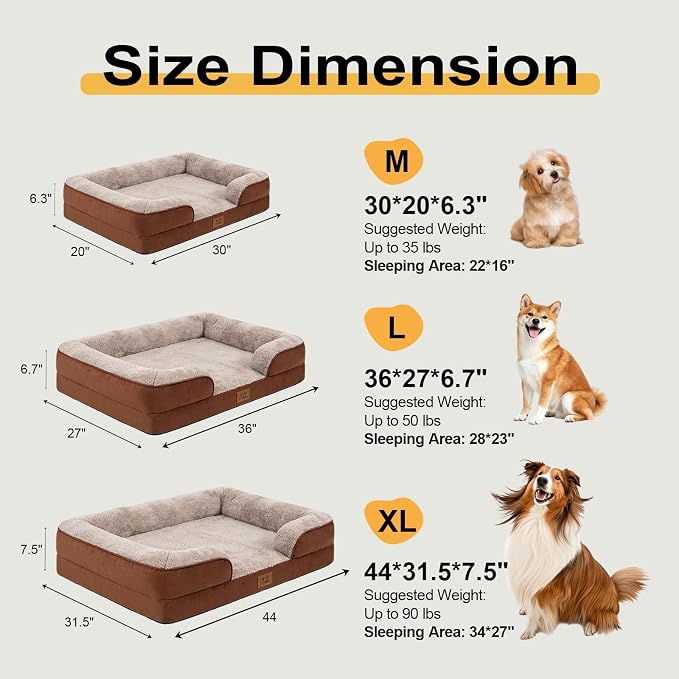 Orthopedic Dog Bed for Large Dogs - Gel Memory Foam Pet Bed with Waterproof & Washable Cover, Contoured Bolster Design for Dogs & Cats (Brown, 36.0" L x 27.0" W x 6.7" Th)