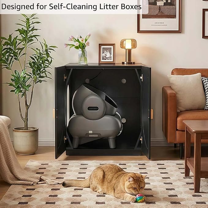 unipaws Extra Large Cat Litter Box Enclosure for Self-Cleaning & Automatic Litter Boxes, Tall Cabinet with Charging Station, Wooden Dog Proof Hidden Cat House for Top Entry Litter Box