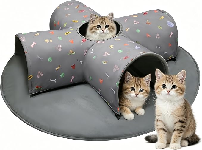4-Way Indoor Cat Tunnel Bed with Top Peek Hole, 2-in-1 Collapsible Hideout with Removable Washable Mat, Interactive Play Tunnel for Cats, Kittens, Rabbits, Ferrets & Small Pets