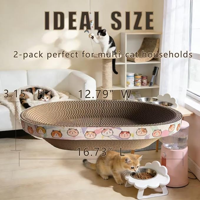 2PCS Cat Cardboard Scratcher with Toys, Oval 16.7" x 12.8" Kitty Scratching Board for Indoor Kitten Play Scratch Bed Sofa Furniture Protector