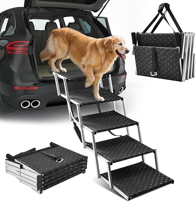 Sakerplus Dog Ramps for Car, 17.7inch Wide Foldable Dog Stairs with Non Slip Surface, Portable Pet Steps for SUV, High Beds, Truck, Support Up to 200lb, 5 Steps