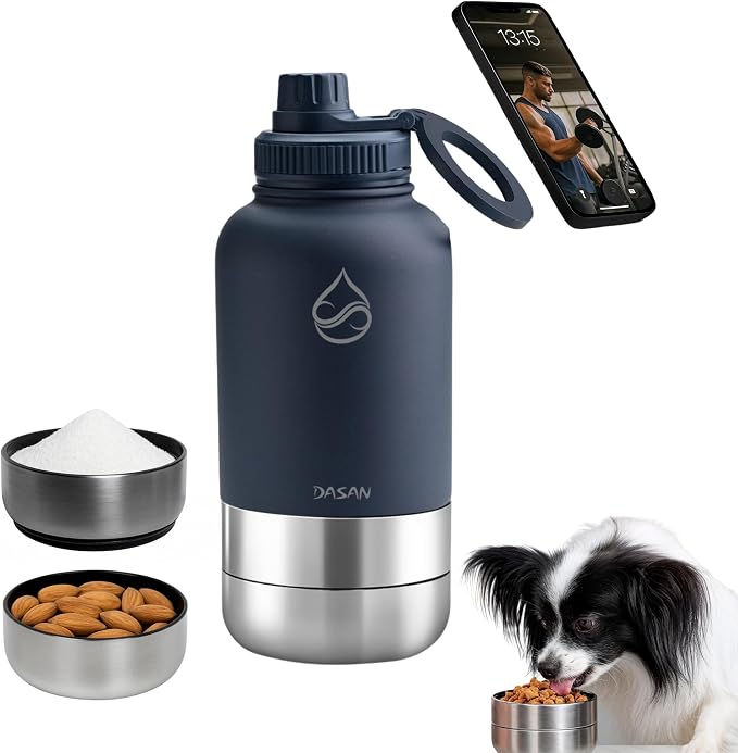 DASAN Portable Dog Water Bottle with Bowl - 32oz Insulated Stainless Steel, 3-in-1 Travel & Walking Pet Dispenser with 2 Food Containers for Hiking, Camping & Outdoor Adventures