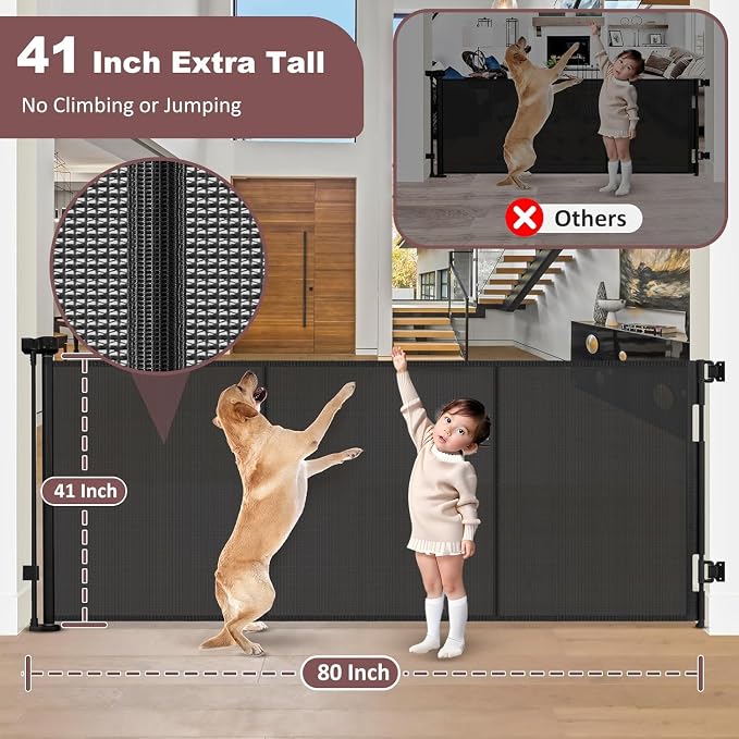 Reinforced 41 Inch Extra Tall Retractable Baby Gates 80" Wide Retractable Dog Gate with Support Rods – Prevents Crawling Under, Indoor Long Baby Gate Retractable Gate Outdoor Extra Tall Dog Gate/Black