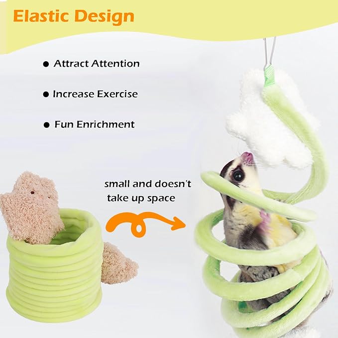 Small Pet Activity Set - 2pc Wooden Bird Foraging Toys and 3pc Sugar Glider Climbing Ropes for Cage Enrichment Green Blue Yellow