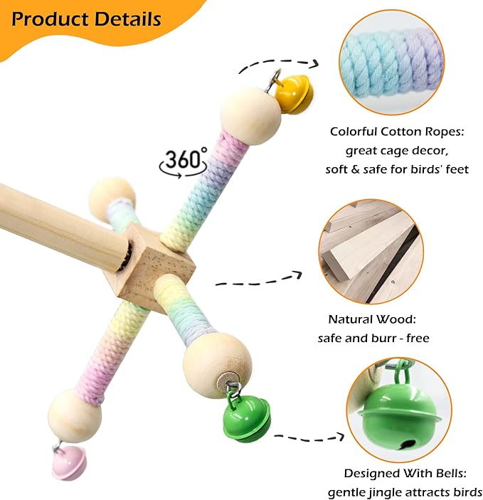 2PCS Natural Wood Bird Spinner Toys & Spinning Perch Set (Size S) - Chewing Hanging Toys with Bells for Cockatiel, Conure, Lovebird, Budgie, Quaker