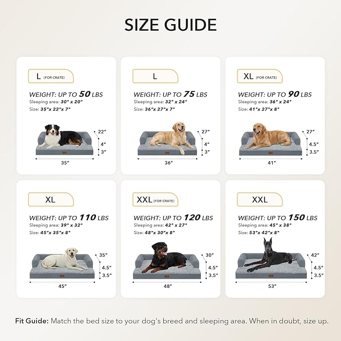 Orthopedic Dog Beds for Large Medium Sized Dogs, Waterproof Egg Crate Foam Large Dog Couch Beds with Comfy Bolster 36x27Inch, Washable Pet Beds with Removable Cover, Grey