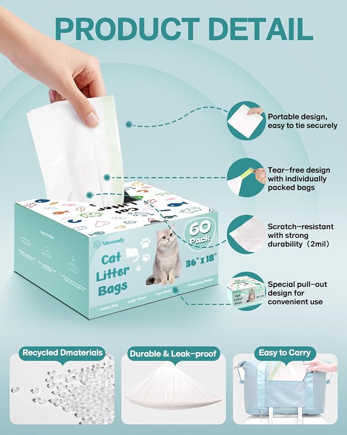 60 Count Litter Box Liners, 36" x 18" Jumbo Size Cat Litter Bags, Thick Large Kitty Litter Liner XL, Easy Clean Up Litter Pan Liners, Pet Cat Supplies