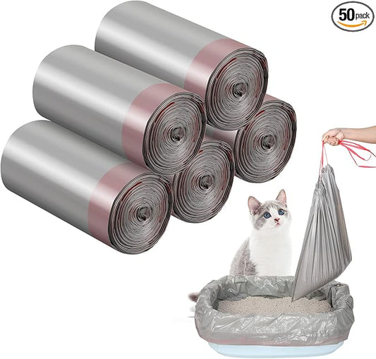 Tinlade 50 Count Jumbo Cat Litter Box Liners Large Drawstring Cat Litter Liners Bags Unscented Tear Resistant for Trash Waste to Keep Your Home Clean(39 x 22 Inch,Gray, Red)