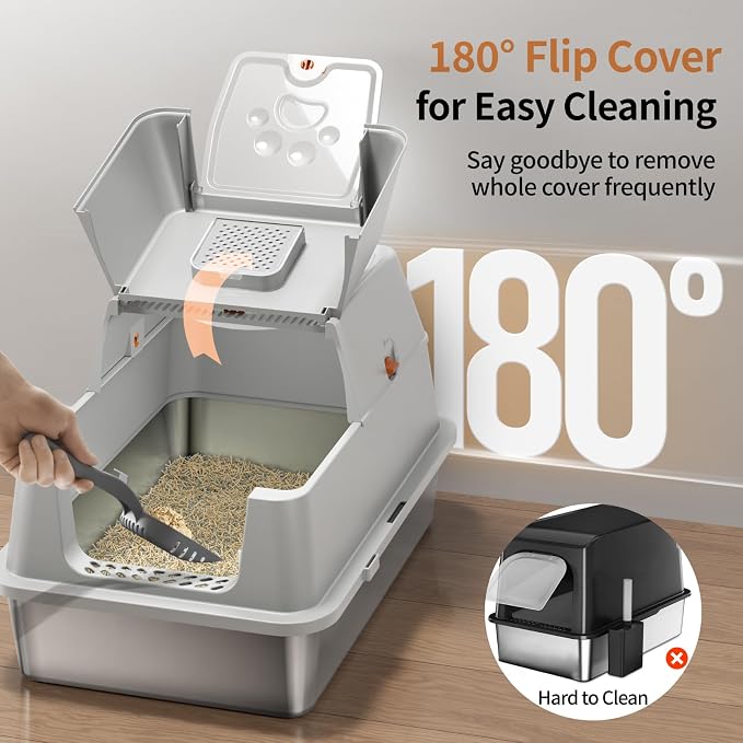 Stainless Steel Cat Litter Box with Lid, 180° Flip-Top XL Extra Large Enclosed Litter Box, Covered Metal High Sided Litter Pan with Steps & Scoop, Easy Cleaning, Odor Control, Non-Sticky-Grey