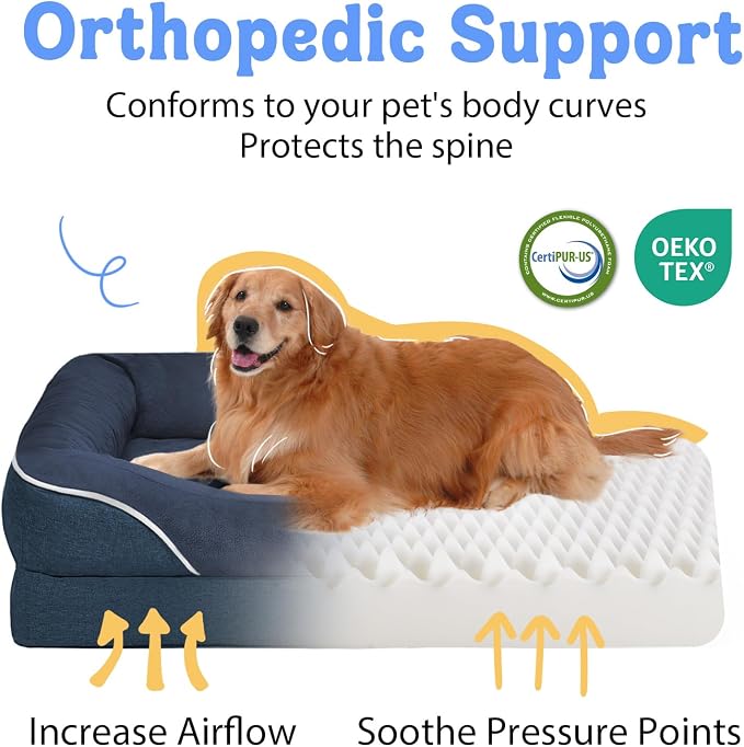Chez Paw Orthopedic Dog Bed for Medium & Large Dogs, Waterproof Egg-Crate Foam Dog Bed with Removable Washable Cover, 4-Sided Bolster Support & Non-Slip Bottom, Navy 36"x27"x7"