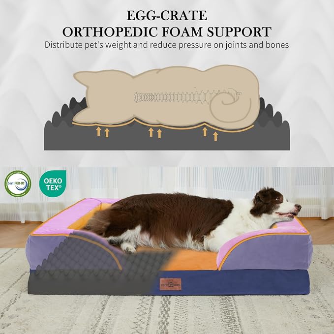 Comfort Expression Orthopedic Dog Bed for Extra Large Dogs 42x30 Inch, Waterproof Egg Crate Foam XL Pet Bed with Bolsters, Dog Couch with Washable Cover & Non-Slip Bottom, Orange Breeze