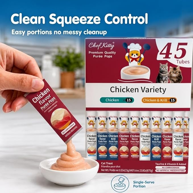 Purée Pops, Cat Treats, Grain-Free, Lickable, Squeezable Creamy Cat Treat/Topper with Vitamin E & Taurine, 0.5 Ounces Each Tube, 45 Tubes, Chicken Mix Variety