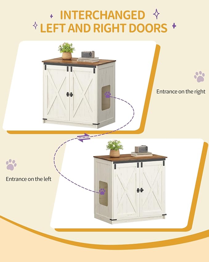 Hzuaneri Cat Litter Box Enclosure Enclosed, Hidden Litter Box Furniture Cabinet Large, Wooden Indoor Cat House with Adjustable Shelf for Top Entry Litter Box, Farmhouse Rustic Brown and White CB85414X