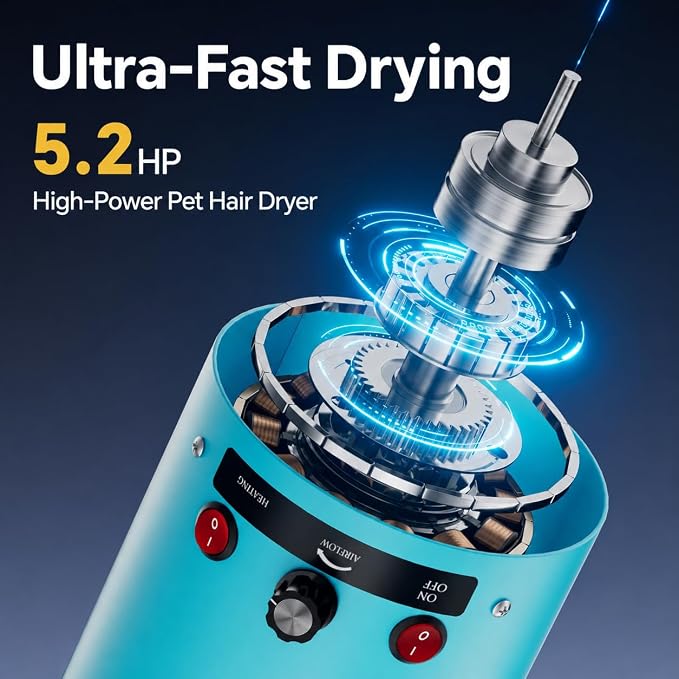 Dog Dryer High Velocity Dog Hair Dryer 5.2HP/3800W, Stepless Adjustable Speed Temperature Dogs Grooming Blow Dryer, Pet Dryer with 4 Nozzles,Blow Dryer for Dogs, Blue
