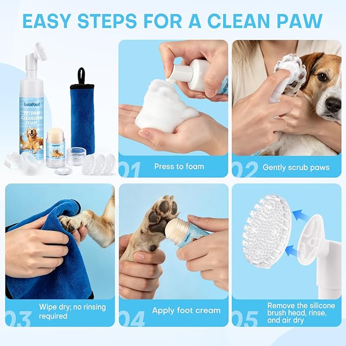 Dog Paw Cleaner Kit with Paw Balm for Dogs, Waterless Foot Cleaner for Muddy Paws, Dirt Removal, Moisturizing Care for Dry Cracked Pads, Includes Towel and 3 Soft Silicone Brushes