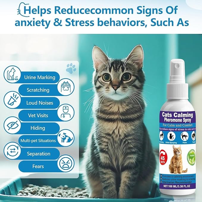 Cat Calming Pheromone Spray for Stress & Anxiety Relief – Reduces Scratching, Urine Spraying, Hiding – Drug-Free & Vet Recommended – Feline Calm Spray with F3 Facial Pheromone 2 * 100mL 8.9oz