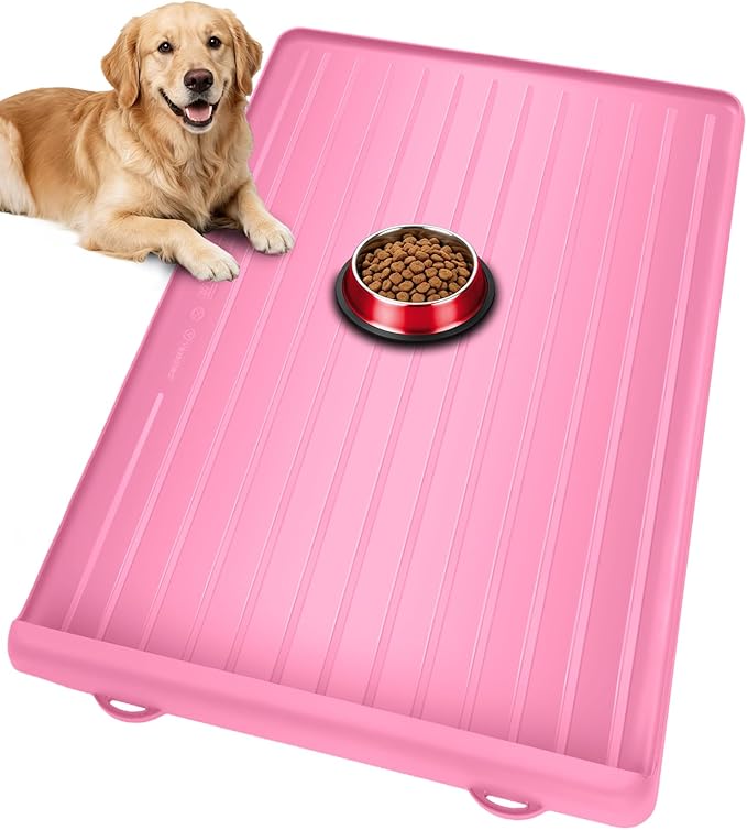 Dog Mat for Food and Water - 39.4" x 27" Large Pet Feeding Mats with Residue Collection Pocket - Waterproof Dog Cat Bowl Mat with High Edges to Prevent Water and Food Spills (Pink, 39.4''x27'')