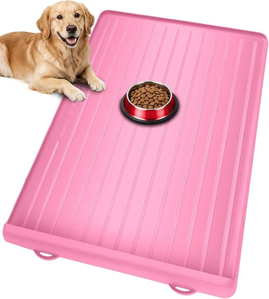 Dog Mat for Food and Water - 39.4" x 27" Large Pet Feeding Mats with Residue Collection Pocket - Waterproof Dog Cat Bowl Mat with High Edges to Prevent Water and Food Spills (Pink, 39.4''x27'')