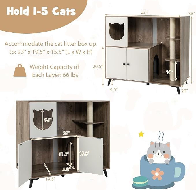 Tangkula Cat Litter Box Enclosure, 5-in-1 Enlarged Hidden Litter Box Furniture with Cat Condo, 3 Scratching Posts, 5 Metal Support Legs, Cat Washroom, Multi-Layer Cat House for Indoor Cats