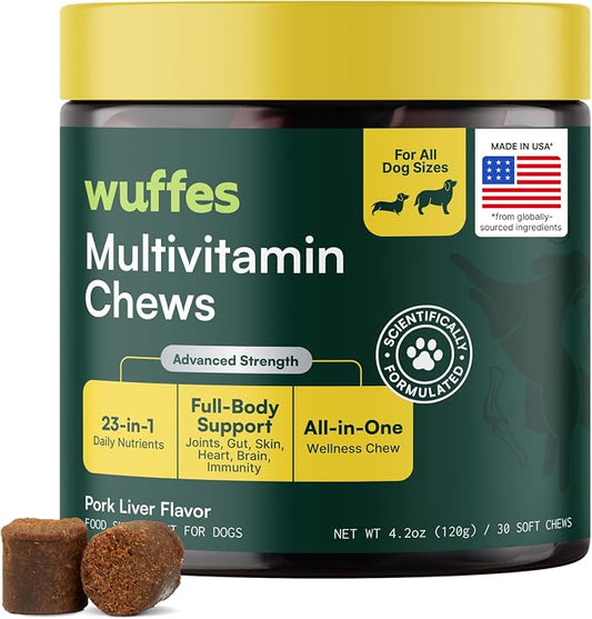 Wuffes 23-in-1 Dog Multivitamin Soft Chews Skin & Coat, Immune + Gut Health Support - Vitamins & Minerals with Omega-3, Iron & Zinc for Puppies & Senior Dogs, 30 Ct