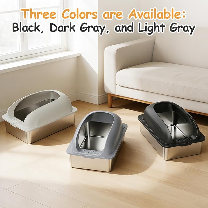 Extra Large Cat Litter Box with Lid, Stainless Steel Cat Litter Box with Scoop and Mat, High Walls for Anti-Urine Leakage, Easy Cleaning, Light Gray