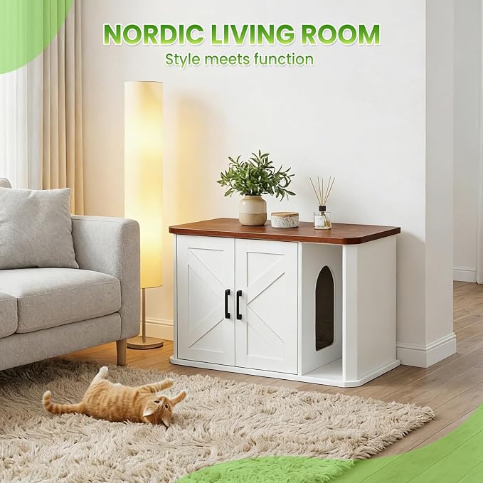 Modern Wooden Cat Litter Box Enclosure, Hidden Washroom Cabinet with Double Doors and Side Entry, Large Cat House End Table, Easy-Clean Sturdy Furniture