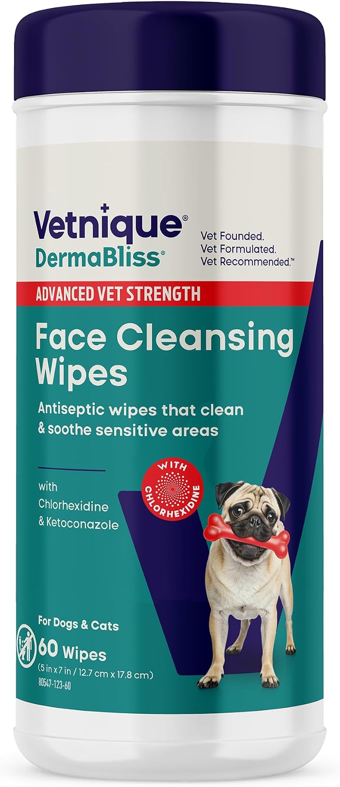 Vetnique Dermabliss Dog Wipes, Fragrance-Free Face Wrinkle & Skin Fold Care | Medicated Chlorhexidine & Ketoconazole Dog Grooming, Face & Paw Wipes for Bulldog Wrinkles & Folds; Gentle Daily, Cat-Safe
