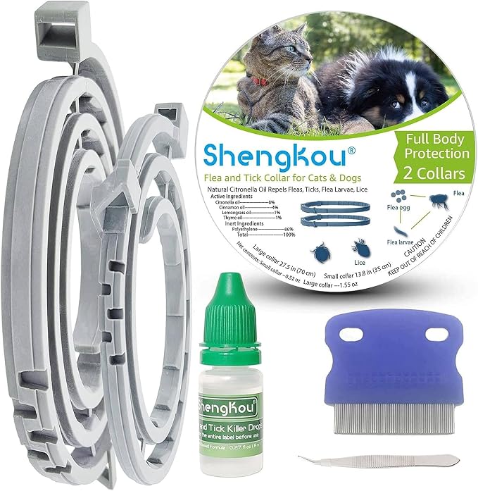 Flea and Tick Collar for Dog and Cat, Made with Plant Based Essential Oil, Safe and Effective, Waterproof, Free Comb and Tweezers & Drop 12-Month, 2 Packs