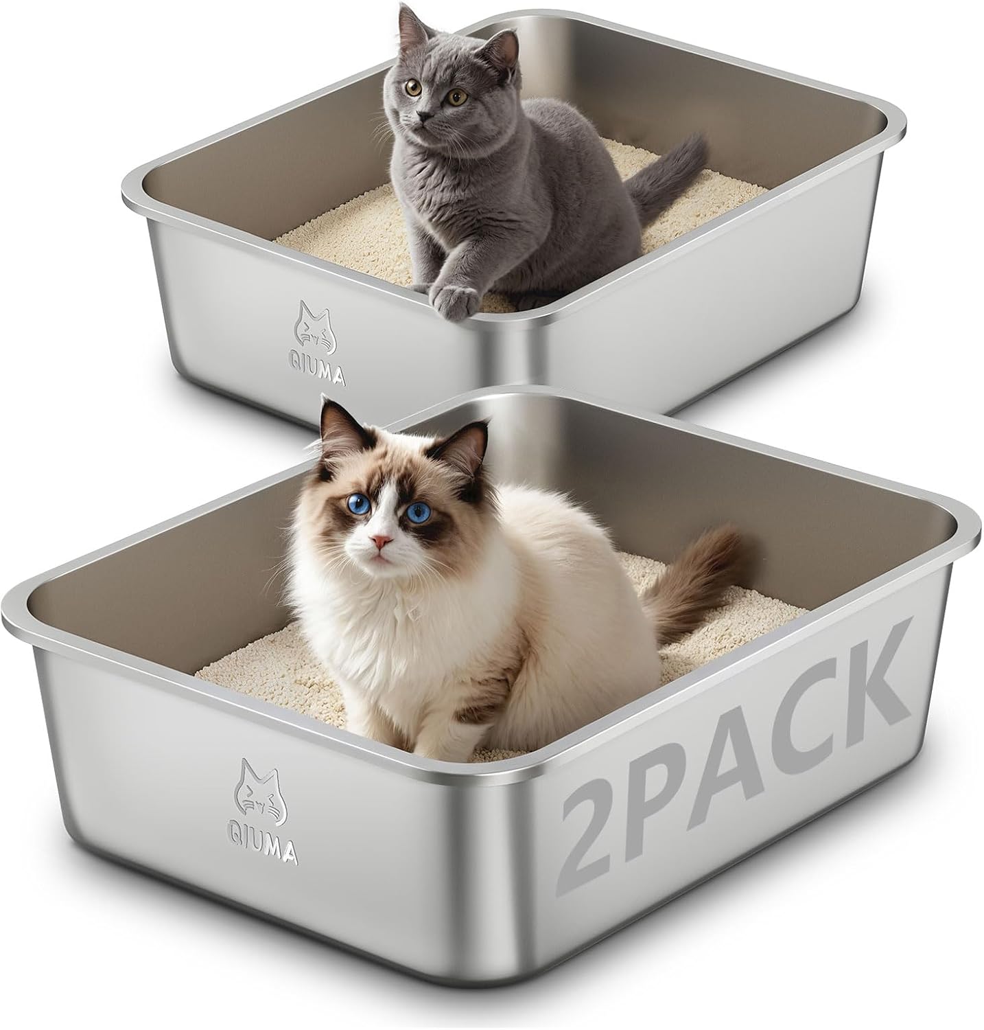 2 Packs Stainless Steel Cat Litter Box, 17.5" L×13.6" W×5.9" H, Metal Kitty Litter Box with High Sided for Small Cats, Non-Stick, Easy to Clean, Odor-Free