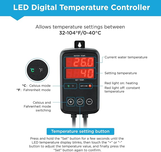 500W Titanium Aquarium Heater, Submersible Fish Tank Heater with Digital Display Temperature Controller, 0℃-40℃ Adjustable, Fast Heating for 65~95 Gal Saltwater Reef Fish Tank, MX-9016(500W)