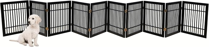 Urnporium Pet Dog Gate Freestanding, Strong Durable Folding Wooden Fence, Portable Acacia Hardwood Safety Barrier for Indoor & Outdoor Use (Black Pet Gate, 10 Panel 24" Tall)