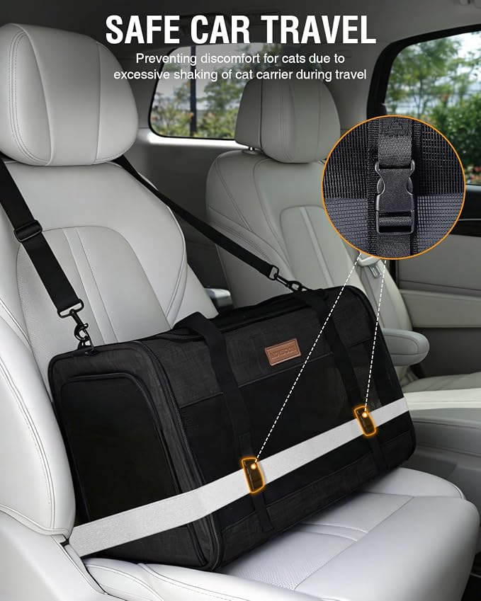 PETUX Large Pet Carrier for Large Cats up to 20 lb for Travel | Top & Side Entry, 4 Side Breathable, Foldable Soft Cat Travel Carrier with Safety Car Seat Buckle & Anti-Scratch Mesh, Black