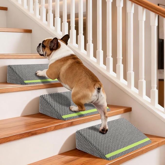 JoyBlooms Upgraded Dog Ramp for Stairs for Small & Senior Dogs Cats, 40D Density Foam Gentle 30° Slope Non-Slip Dog Stair Ramp with Glow Strip, Pet Ramp with Removable Washable Cover, Gray-3pcs