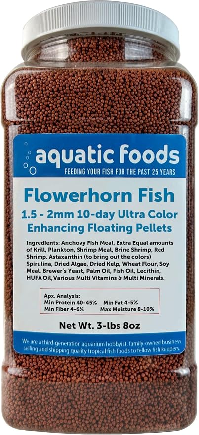 Flowerhorn Fish Ultra Red Color Enhancing 1.5mm-2mm Floating Pellets. Color Enhancing in 10-Days for Baby, Juvenile and Adult Flowerhorn…3-lbs 8oz Large Jar
