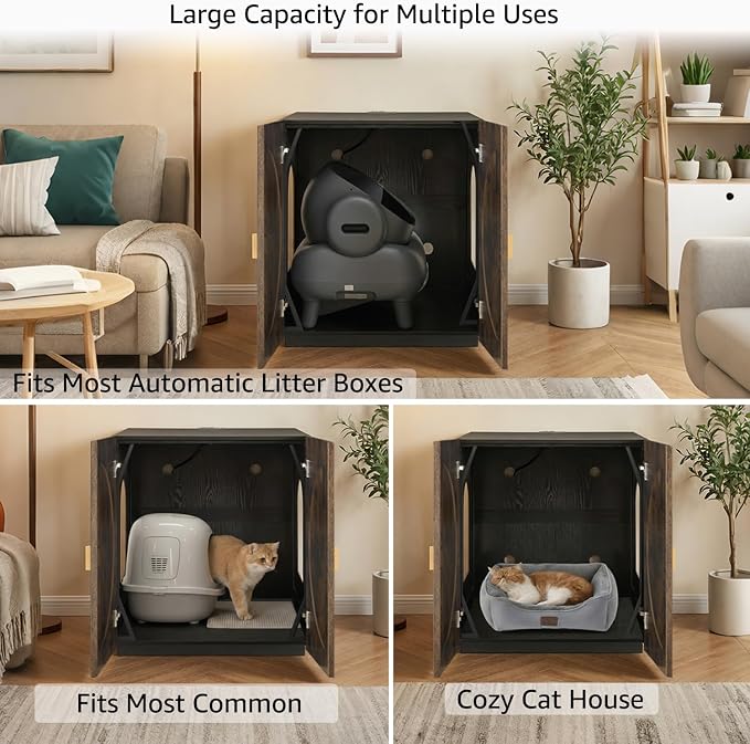 unipaws Extra Large Cat Litter Box Enclosure for Self-Cleaning & Automatic Litter Boxes, Tall Cabinet with Charging Station, Wooden Dog Proof Hidden Cat House for Top Entry Litter Box