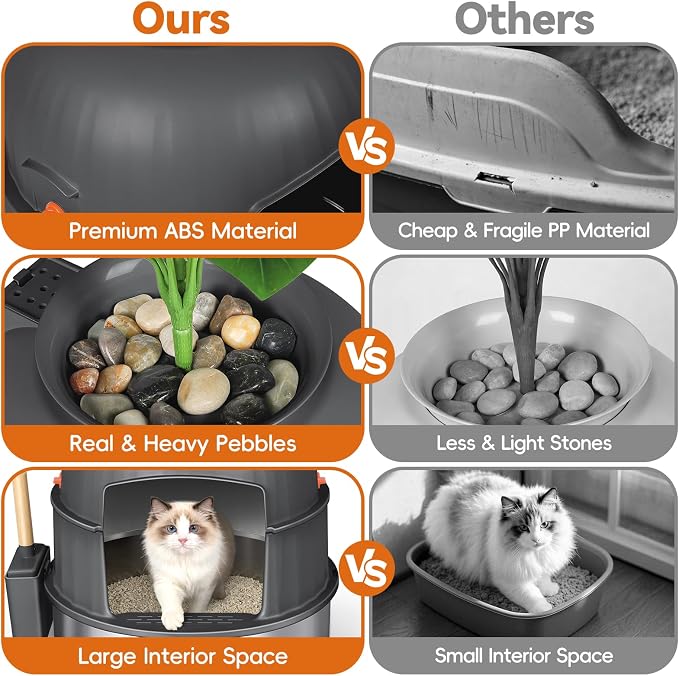 Three-Section Hidden Cat Litter Box, Stainless Steel Litter Box, Cat Litter Box Hidden with Faux Plant & Scoop, Vented Filter for Odor Control, Hidden Litter Box Furniture, Home Decor (Grey)