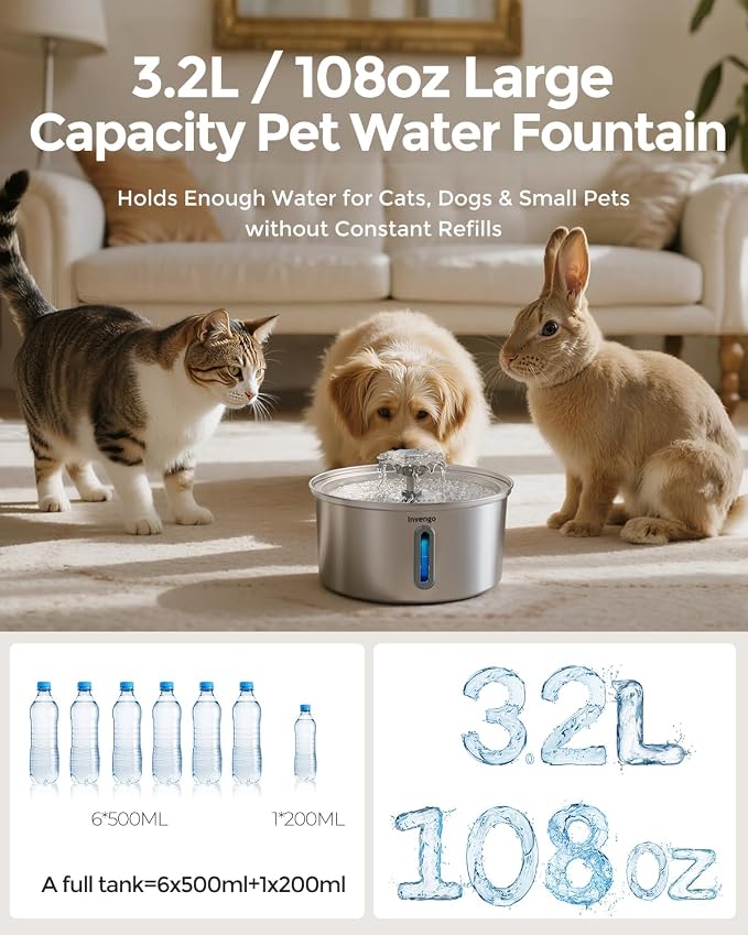 Cat Water Fountain Stainless Steel 3.2L/108oz, Invengo Automatic Pet Fountain for Cats & Dogs, Ultra Quiet <25 dB Pump, Includes 6 Replacement Filters & Sponges, LED Water Level Window, Easy to Clean