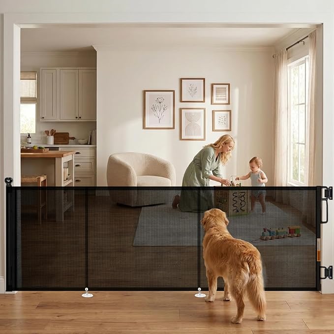 Retractable Baby Gate - 118" Extra Wide Mesh Dog Gate with Support Rods - 34" Tall for Stairs, Doorways, Hallways - Drill or No-Drill - Pet & Cat Gate - Outdoor/Indoor (Black, 9.84 ft)