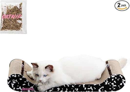 CSR1003B-SET2 Rini 23.75" Modern Cardboard Lounge Bed Cat Scratcher with Built-in Bell Toys and Catnip, Black/White (Set of 2)