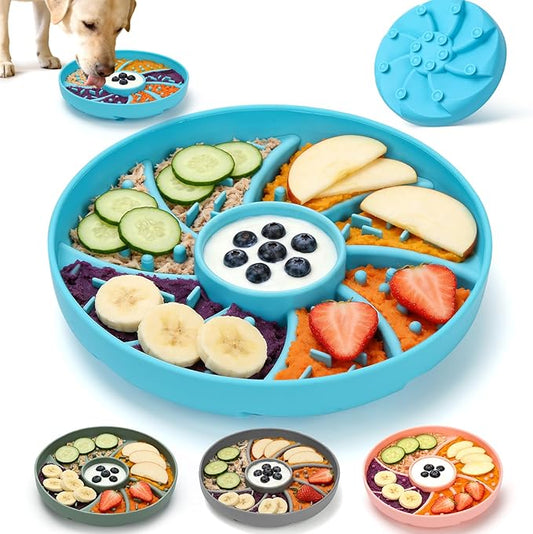 Silicone Dog & Cat Slow Feeder Bowl Lick Mat with Strong Suction Cups, Anti-Spill Design, Multi-Textured, Extend Mealtime, Reduce Anxiety, Dishwasher Safe, All Breeds & Ages (Blue)