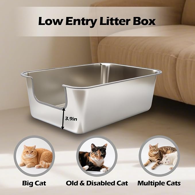 Stainless Steel Cat Litter Box,Jumbo XL Extra Large Mental Cat Litter Pan with High Sides Lid,Low Entry for Indoor Big Cats,Non Sticky,Easy to Clean,Anti-Urine Leakage