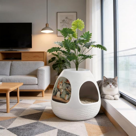 Eggloa6 Hidden Cat Litter Box Plant with 4 Litter Box Liners, Cat Litter Mat, 4 Odor Filter Artificial Plant Litter Box Enclosure Large DIY Litter Box Furniture for Cat Kitty Bunny (Snow White)