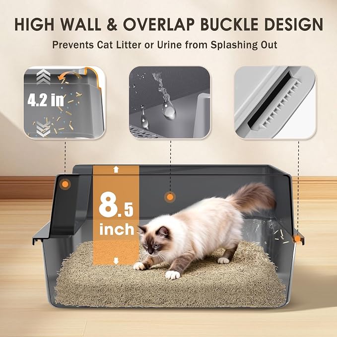 Stainless Steel Litter Box, 17.4'' x 13.5'' x 8.5'' Metal Kitty Litter Box for Small Cats Kitten High Sided Litter Boxs with Scoop Open Top Low Entry Easy to Clean Non-Sticky Anti-Leakage