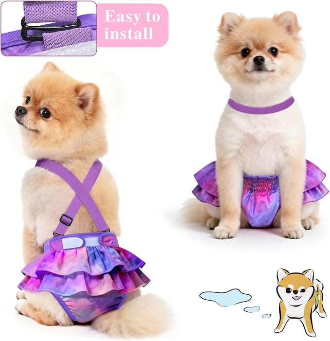 Idepet Female Dog Diapers with Suspender Detachable, 3 Pack Tie Dye Washable Reusable Girl Doggie Diapers Skirts for Small Medium Female Dog in Heat Period Cycle Urinary Incontinence Training XS