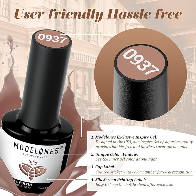 modelones Gel Nail Polish Set, 12 Colors Winter Neutral Nude Brown Gold Glitter Gel Polish Tawny Cinnamon Burdundy Maroon Classic Collection for All Skin Tones LED Nail Art Salon DIY Gift