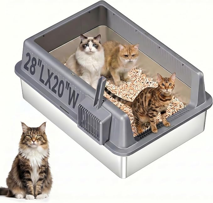 XXXL Stainless Steel Cat Litter Box with Lid (Grey-A)